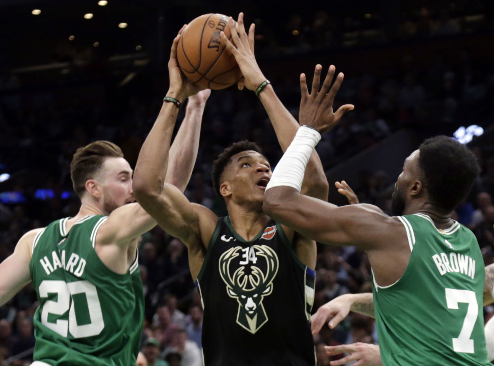 Giannis Antetokounmpo vs. Celtics, AP photo